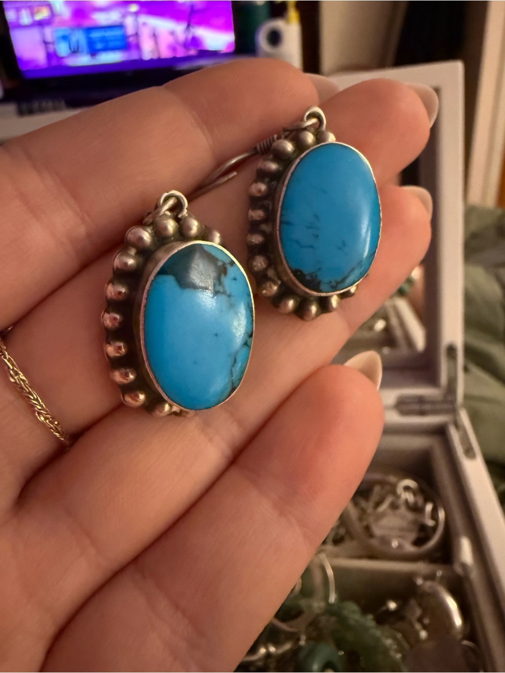 Sterling Silver Turquoise Drop Earrings - Bright Blue